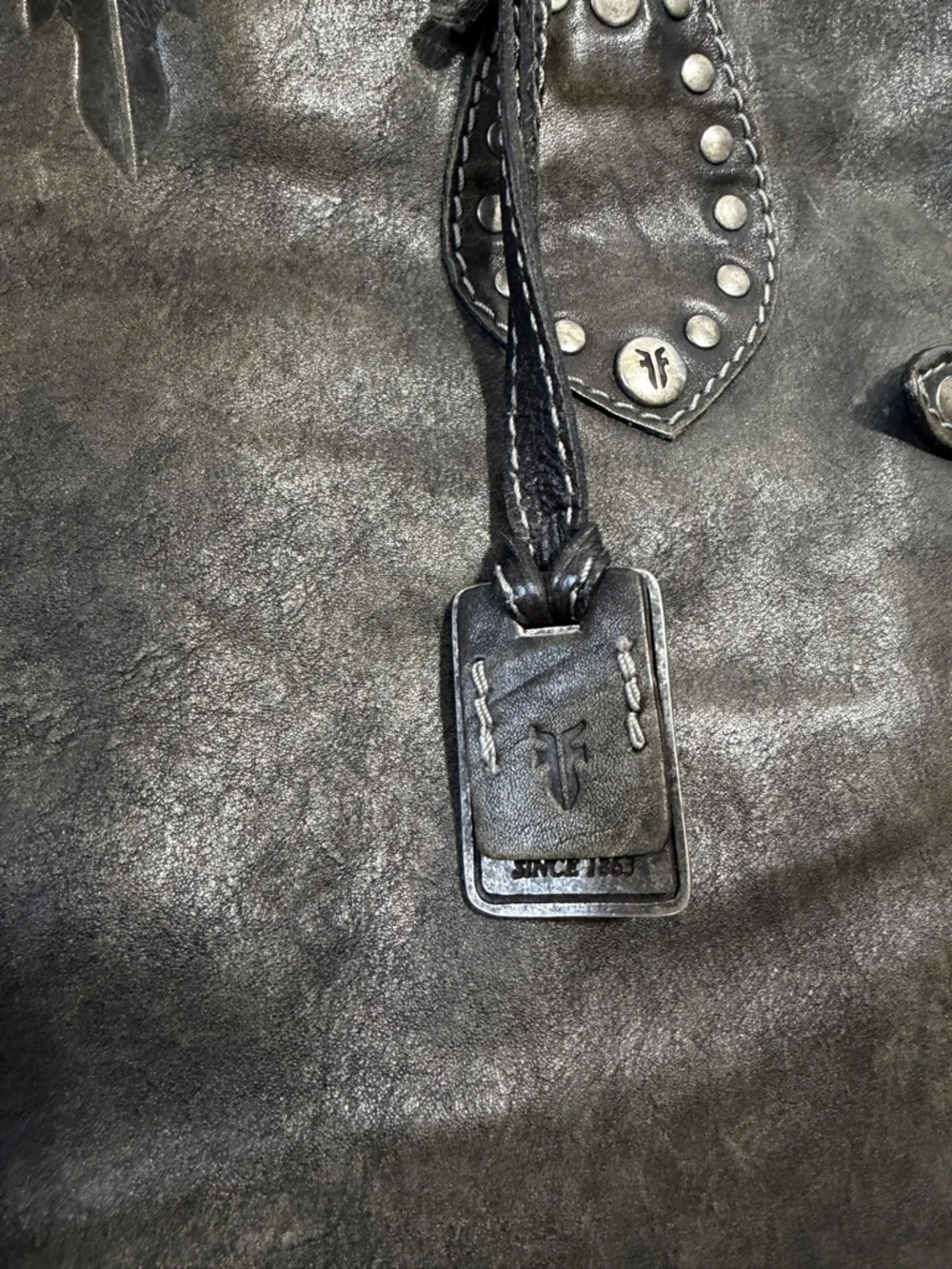 Frye Melissa rustic distressed black leather silver studded moto large tote bag - Picture 4 of 13